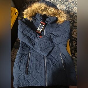 Women's Quilted Blue Jacket with Faux Fur Hood